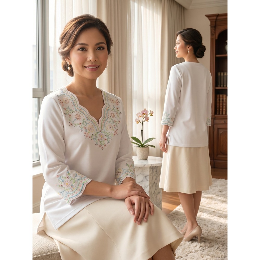 Quacker Factory White Embroidered Tunic Top M Pastel Floral 3/4 Sleeve